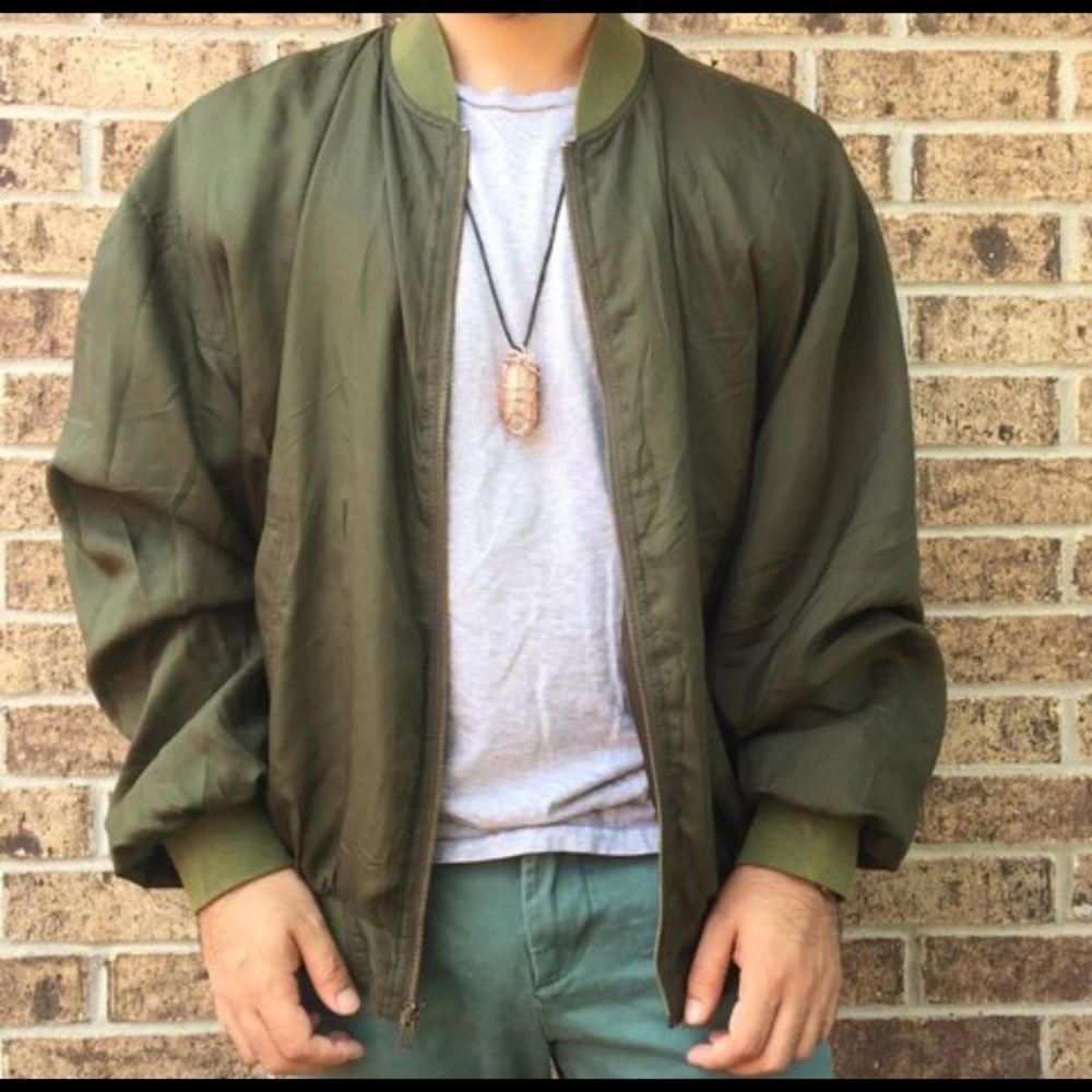 100% silk olive green bomber jacket